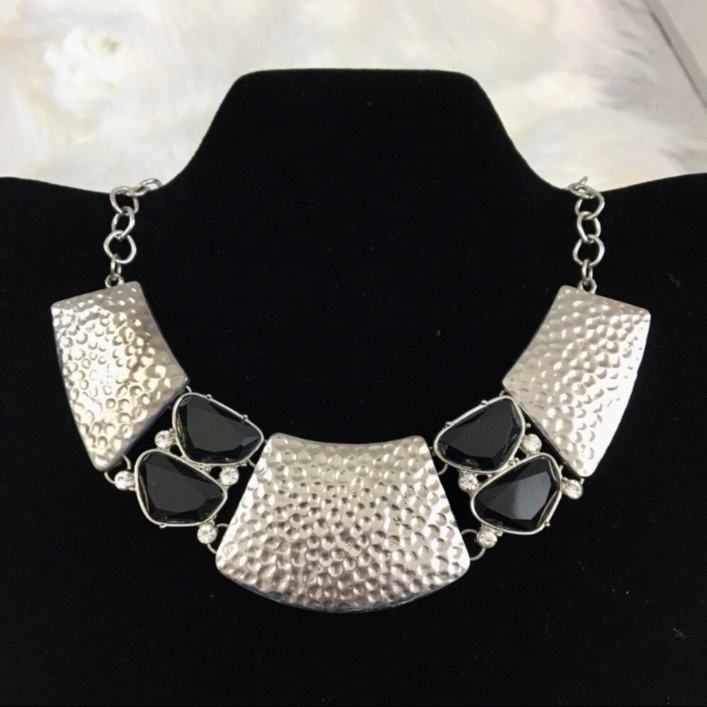 Bib Statement Necklace Hammered Silver Tone Black and Clear Faux Stones